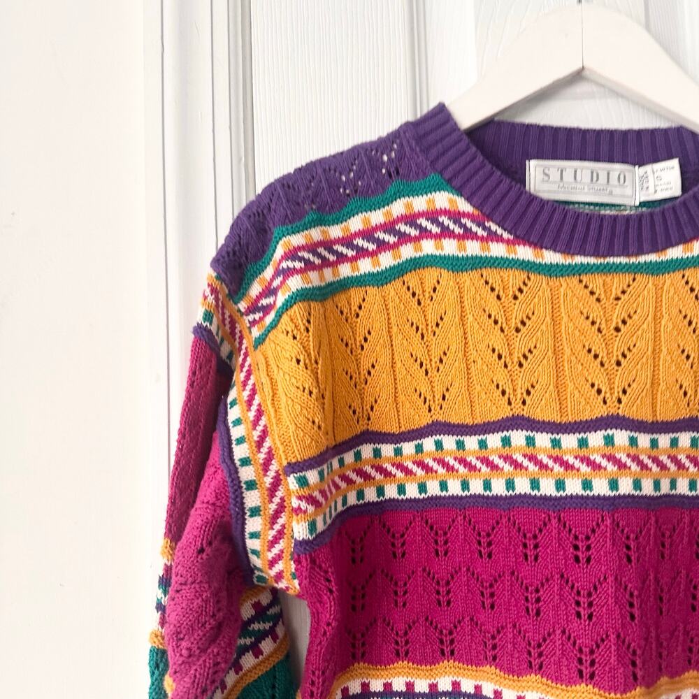 Studio Michelle Stuart USA Yellow Purple Pink Pointelle Stripe Sweater Small 80s - Picture 2 of 9